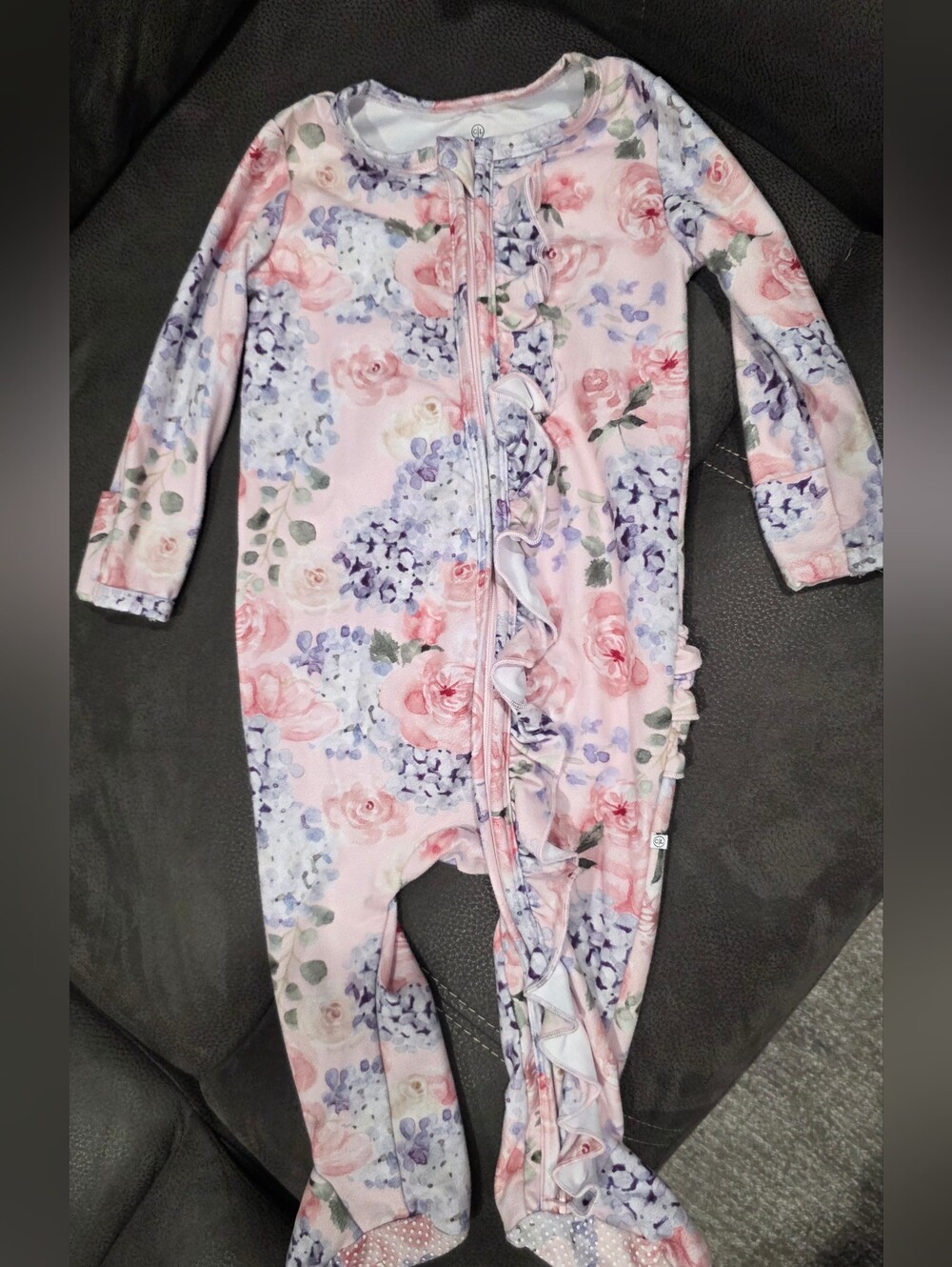 Baby Girls Pink Floral Ruffle One-Piece Zip Footie